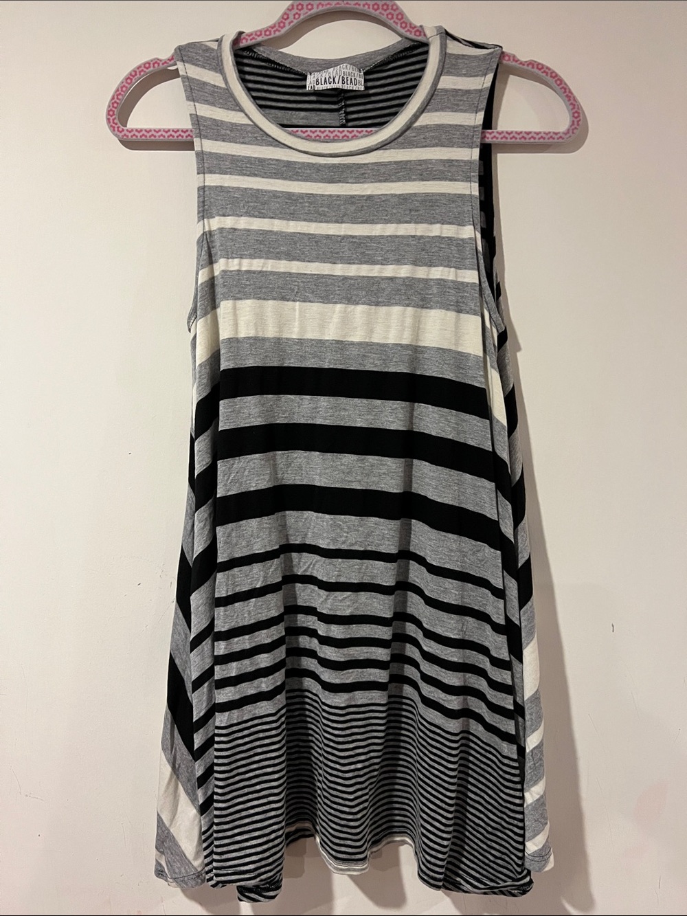 Black Bead Black, Gray & White Striped Asymmetrical Swing Dress